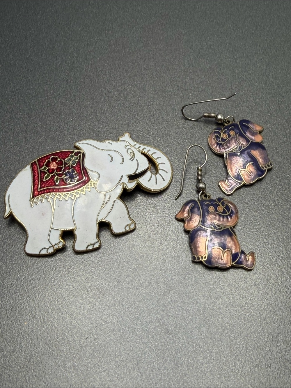 Vintage Cloisonné Elephant Brooch and earrings